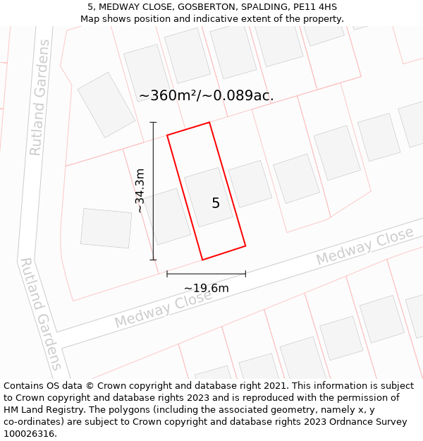 5, MEDWAY CLOSE, GOSBERTON, SPALDING, PE11 4HS: Plot and title map