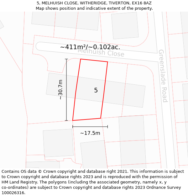 5, MELHUISH CLOSE, WITHERIDGE, TIVERTON, EX16 8AZ: Plot and title map