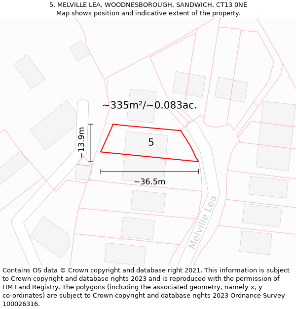5, MELVILLE LEA, WOODNESBOROUGH, SANDWICH, CT13 0NE: Plot and title map