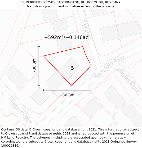 5, MERRYFIELD ROAD, STORRINGTON, PULBOROUGH, RH20 4NP: Plot and title map