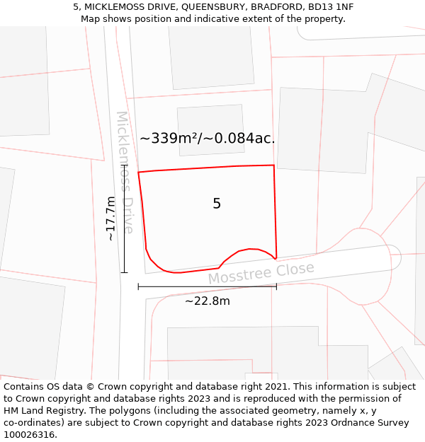 5, MICKLEMOSS DRIVE, QUEENSBURY, BRADFORD, BD13 1NF: Plot and title map