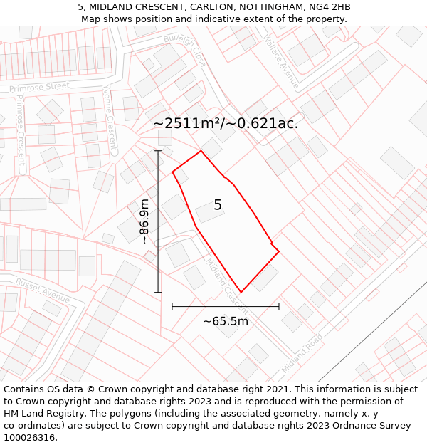 5, MIDLAND CRESCENT, CARLTON, NOTTINGHAM, NG4 2HB: Plot and title map