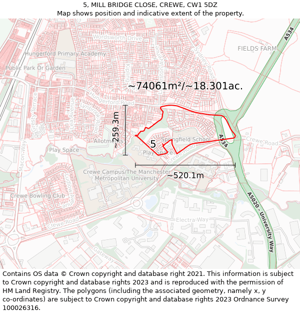 5, MILL BRIDGE CLOSE, CREWE, CW1 5DZ: Plot and title map