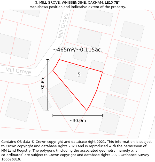 5, MILL GROVE, WHISSENDINE, OAKHAM, LE15 7EY: Plot and title map