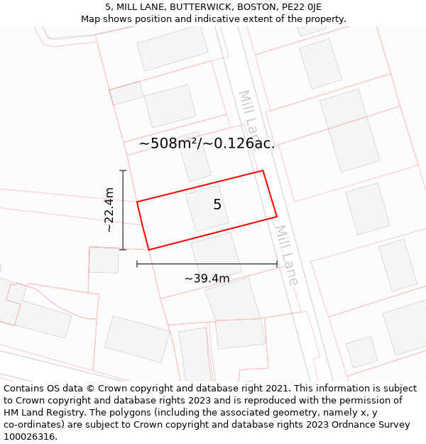 5, MILL LANE, BUTTERWICK, BOSTON, PE22 0JE: Plot and title map