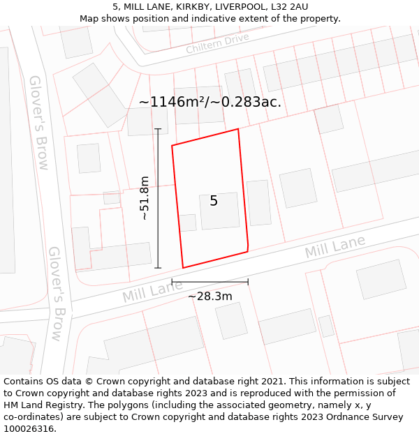 5, MILL LANE, KIRKBY, LIVERPOOL, L32 2AU: Plot and title map
