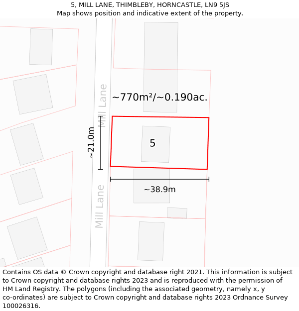 5, MILL LANE, THIMBLEBY, HORNCASTLE, LN9 5JS: Plot and title map