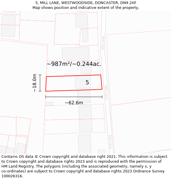 5, MILL LANE, WESTWOODSIDE, DONCASTER, DN9 2AF: Plot and title map