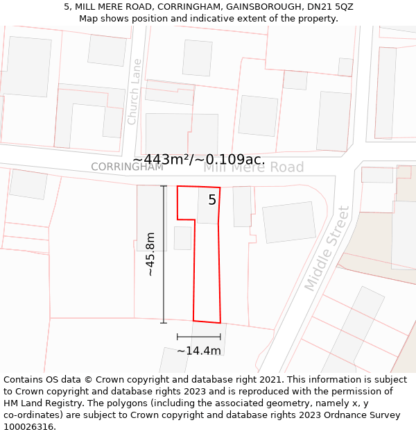 5, MILL MERE ROAD, CORRINGHAM, GAINSBOROUGH, DN21 5QZ: Plot and title map