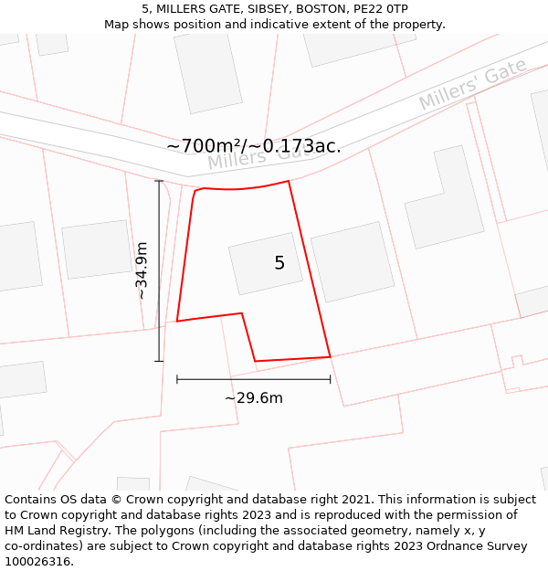 5, MILLERS GATE, SIBSEY, BOSTON, PE22 0TP: Plot and title map