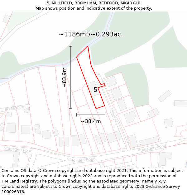 5, MILLFIELD, BROMHAM, BEDFORD, MK43 8LR: Plot and title map