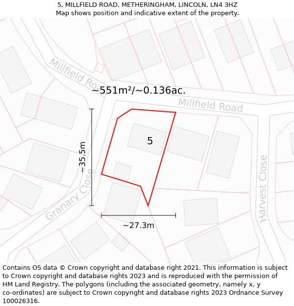 5, MILLFIELD ROAD, METHERINGHAM, LINCOLN, LN4 3HZ: Plot and title map