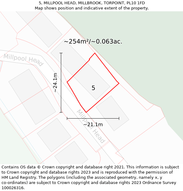 5, MILLPOOL HEAD, MILLBROOK, TORPOINT, PL10 1FD: Plot and title map