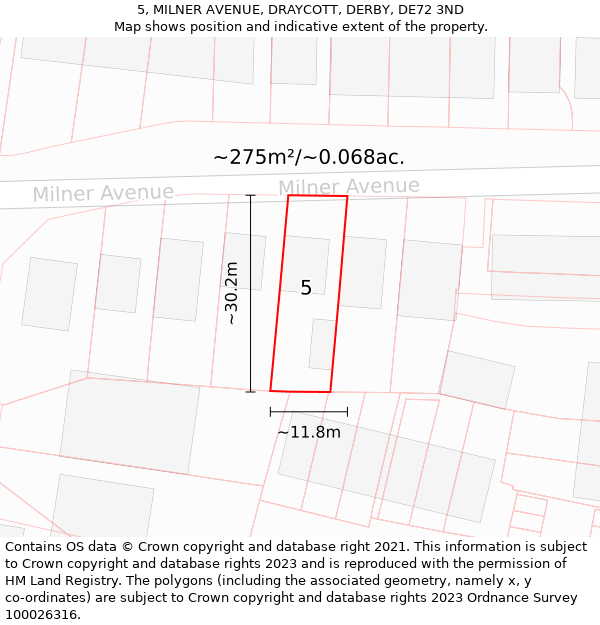 5, MILNER AVENUE, DRAYCOTT, DERBY, DE72 3ND: Plot and title map