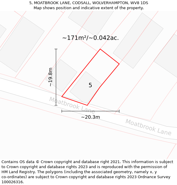 5, MOATBROOK LANE, CODSALL, WOLVERHAMPTON, WV8 1DS: Plot and title map