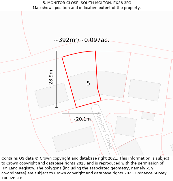 5, MONITOR CLOSE, SOUTH MOLTON, EX36 3FG: Plot and title map