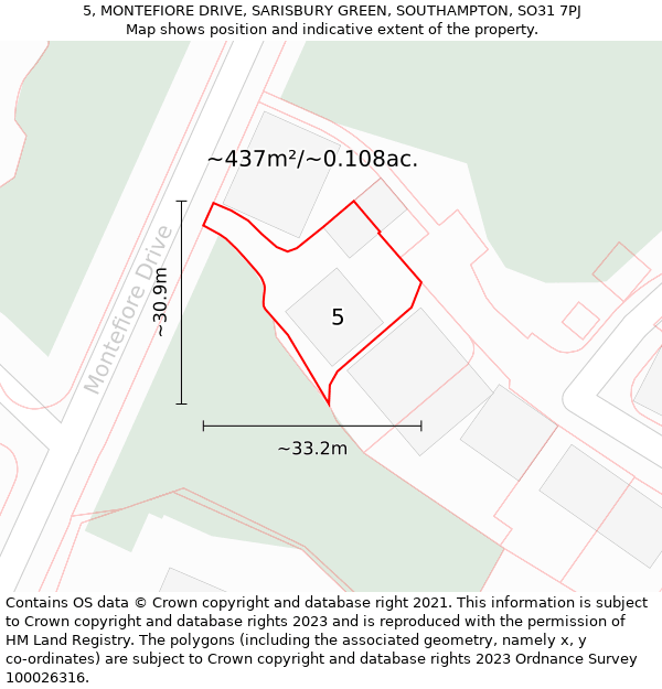 5, MONTEFIORE DRIVE, SARISBURY GREEN, SOUTHAMPTON, SO31 7PJ: Plot and title map