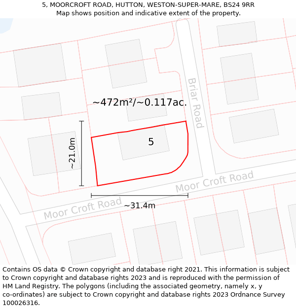 5, MOORCROFT ROAD, HUTTON, WESTON-SUPER-MARE, BS24 9RR: Plot and title map