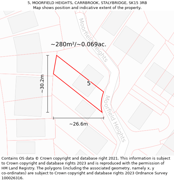 5, MOORFIELD HEIGHTS, CARRBROOK, STALYBRIDGE, SK15 3RB: Plot and title map