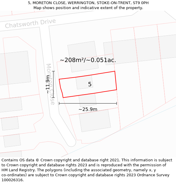 5, MORETON CLOSE, WERRINGTON, STOKE-ON-TRENT, ST9 0PH: Plot and title map