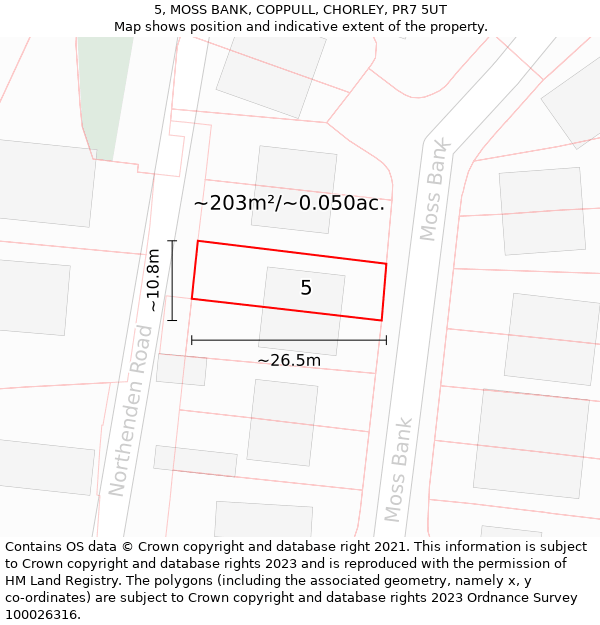 5, MOSS BANK, COPPULL, CHORLEY, PR7 5UT: Plot and title map