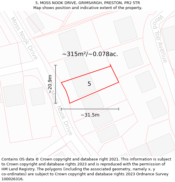 5, MOSS NOOK DRIVE, GRIMSARGH, PRESTON, PR2 5TR: Plot and title map