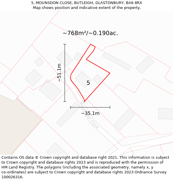 5, MOUNSDON CLOSE, BUTLEIGH, GLASTONBURY, BA6 8RX: Plot and title map