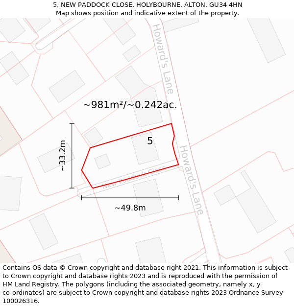 5, NEW PADDOCK CLOSE, HOLYBOURNE, ALTON, GU34 4HN: Plot and title map