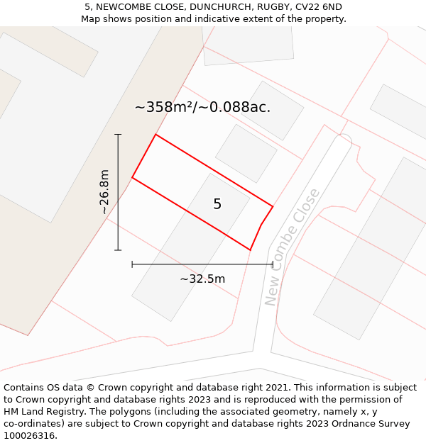 5, NEWCOMBE CLOSE, DUNCHURCH, RUGBY, CV22 6ND: Plot and title map