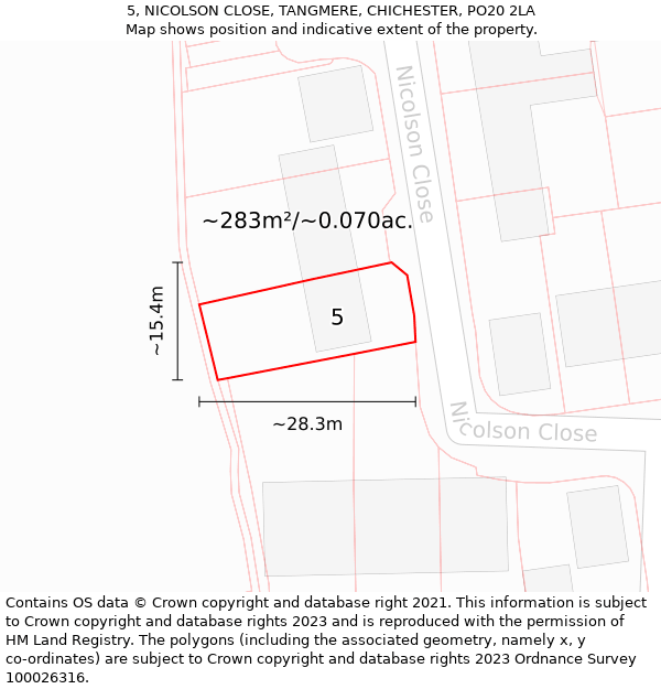 5, NICOLSON CLOSE, TANGMERE, CHICHESTER, PO20 2LA: Plot and title map