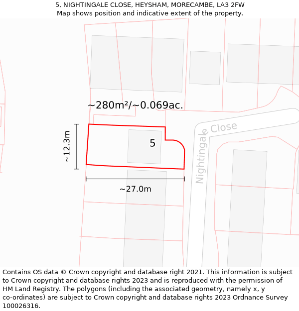 5, NIGHTINGALE CLOSE, HEYSHAM, MORECAMBE, LA3 2FW: Plot and title map