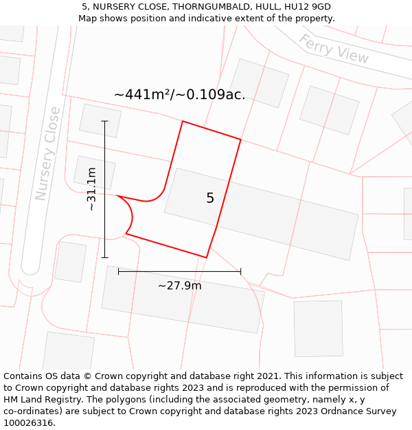 5, NURSERY CLOSE, THORNGUMBALD, HULL, HU12 9GD: Plot and title map