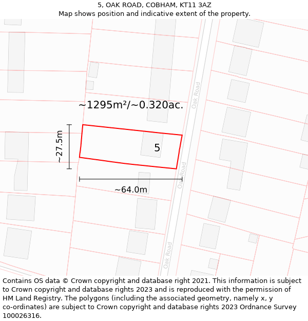 5, OAK ROAD, COBHAM, KT11 3AZ: Plot and title map