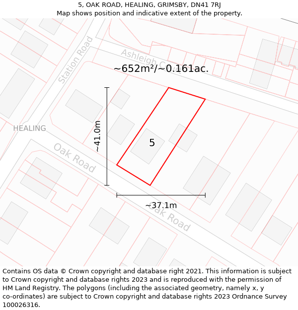 5, OAK ROAD, HEALING, GRIMSBY, DN41 7RJ: Plot and title map