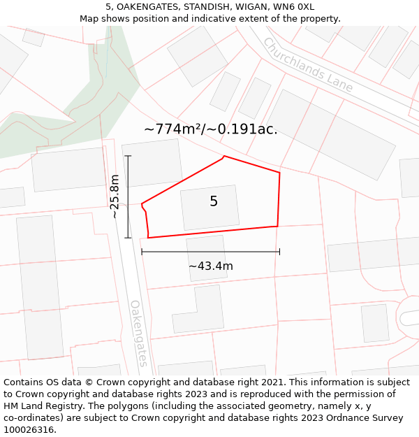 5, OAKENGATES, STANDISH, WIGAN, WN6 0XL: Plot and title map