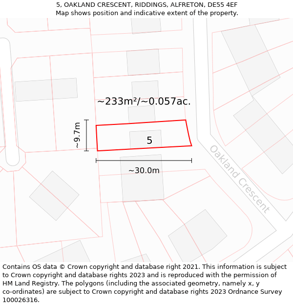 5, OAKLAND CRESCENT, RIDDINGS, ALFRETON, DE55 4EF: Plot and title map