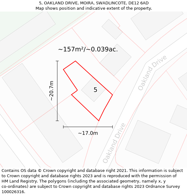 5, OAKLAND DRIVE, MOIRA, SWADLINCOTE, DE12 6AD: Plot and title map