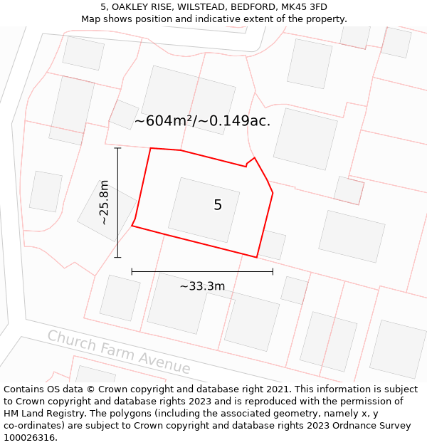 5, OAKLEY RISE, WILSTEAD, BEDFORD, MK45 3FD: Plot and title map