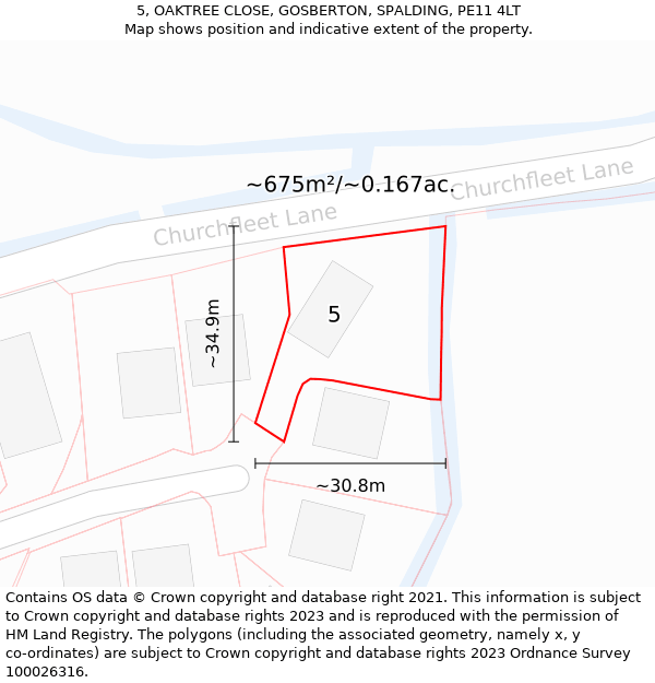 5, OAKTREE CLOSE, GOSBERTON, SPALDING, PE11 4LT: Plot and title map