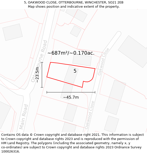 5, OAKWOOD CLOSE, OTTERBOURNE, WINCHESTER, SO21 2EB: Plot and title map