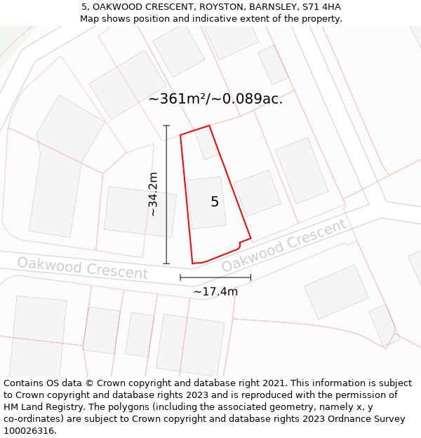 5, OAKWOOD CRESCENT, ROYSTON, BARNSLEY, S71 4HA: Plot and title map