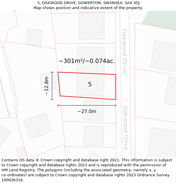 5, OAKWOOD DRIVE, GOWERTON, SWANSEA, SA4 3DJ: Plot and title map