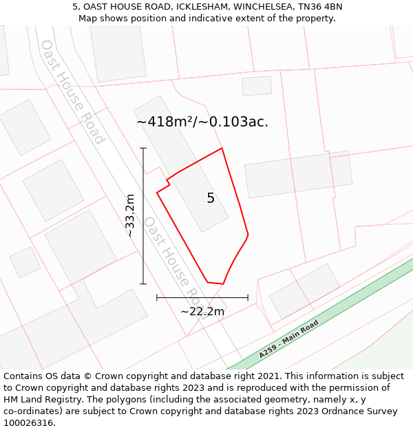 5, OAST HOUSE ROAD, ICKLESHAM, WINCHELSEA, TN36 4BN: Plot and title map