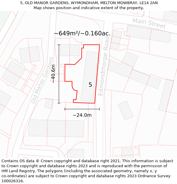 5, OLD MANOR GARDENS, WYMONDHAM, MELTON MOWBRAY, LE14 2AN: Plot and title map