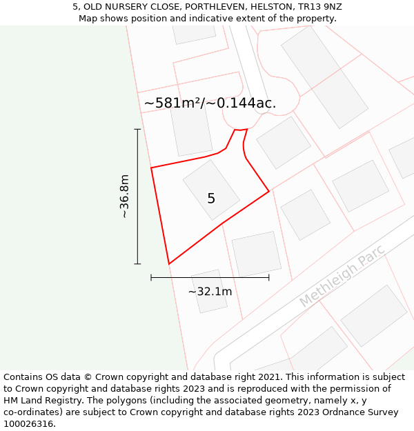 5, OLD NURSERY CLOSE, PORTHLEVEN, HELSTON, TR13 9NZ: Plot and title map