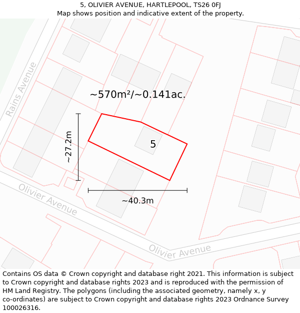 5, OLIVIER AVENUE, HARTLEPOOL, TS26 0FJ: Plot and title map