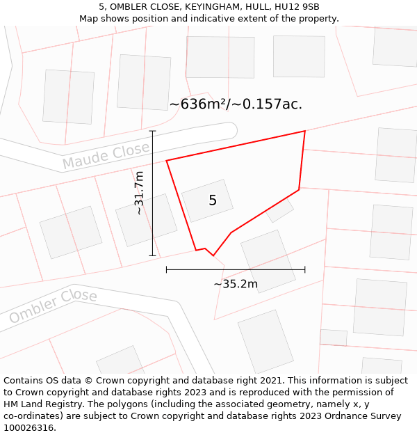 5, OMBLER CLOSE, KEYINGHAM, HULL, HU12 9SB: Plot and title map