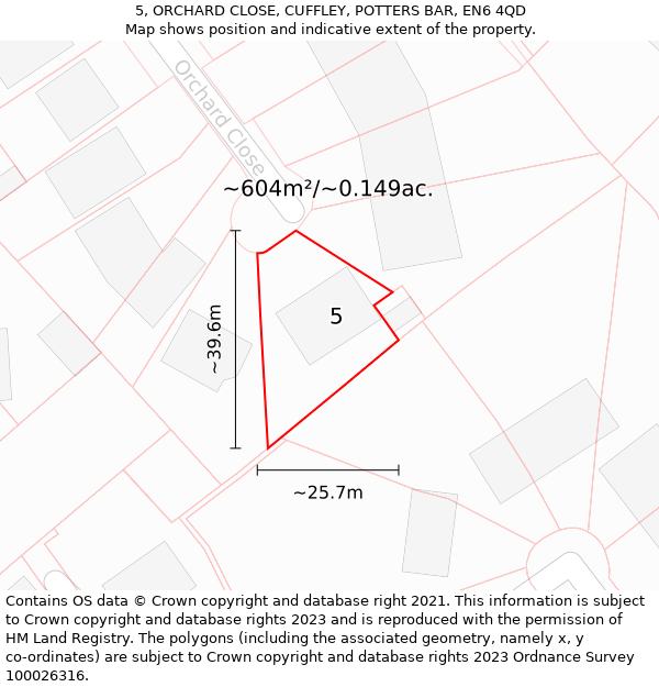 5, ORCHARD CLOSE, CUFFLEY, POTTERS BAR, EN6 4QD: Plot and title map