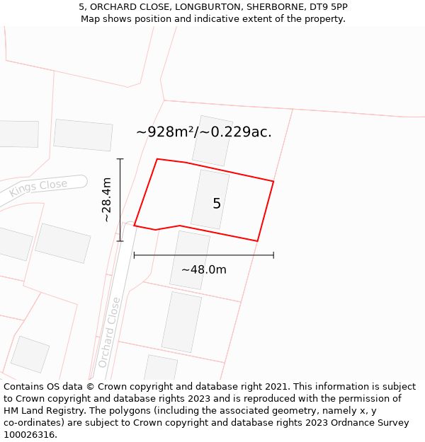 5, ORCHARD CLOSE, LONGBURTON, SHERBORNE, DT9 5PP: Plot and title map