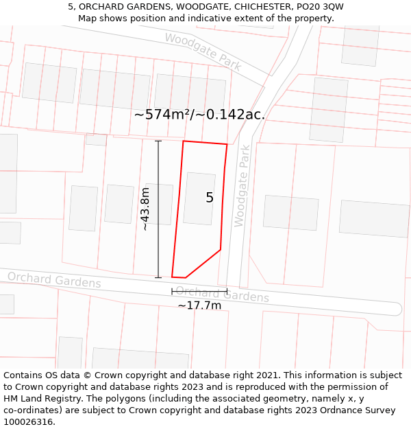 5, ORCHARD GARDENS, WOODGATE, CHICHESTER, PO20 3QW: Plot and title map